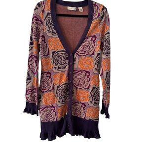 Anthropologie Sleeping On Snow Purple Rose Print Long Boho Cardigan Women M
